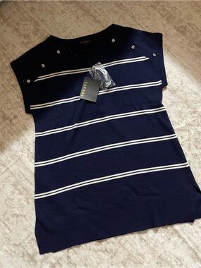 Navy and White Striped Short Sleeve Sweater Top